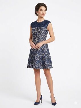 Kay Unger Navy Lace Fit Flare Dress Sleeveless Knee Length Size 6